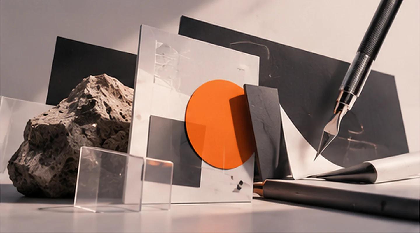 A rock, a glass cube, black and white boards and an orange disc arranged on white paper beside a pen.