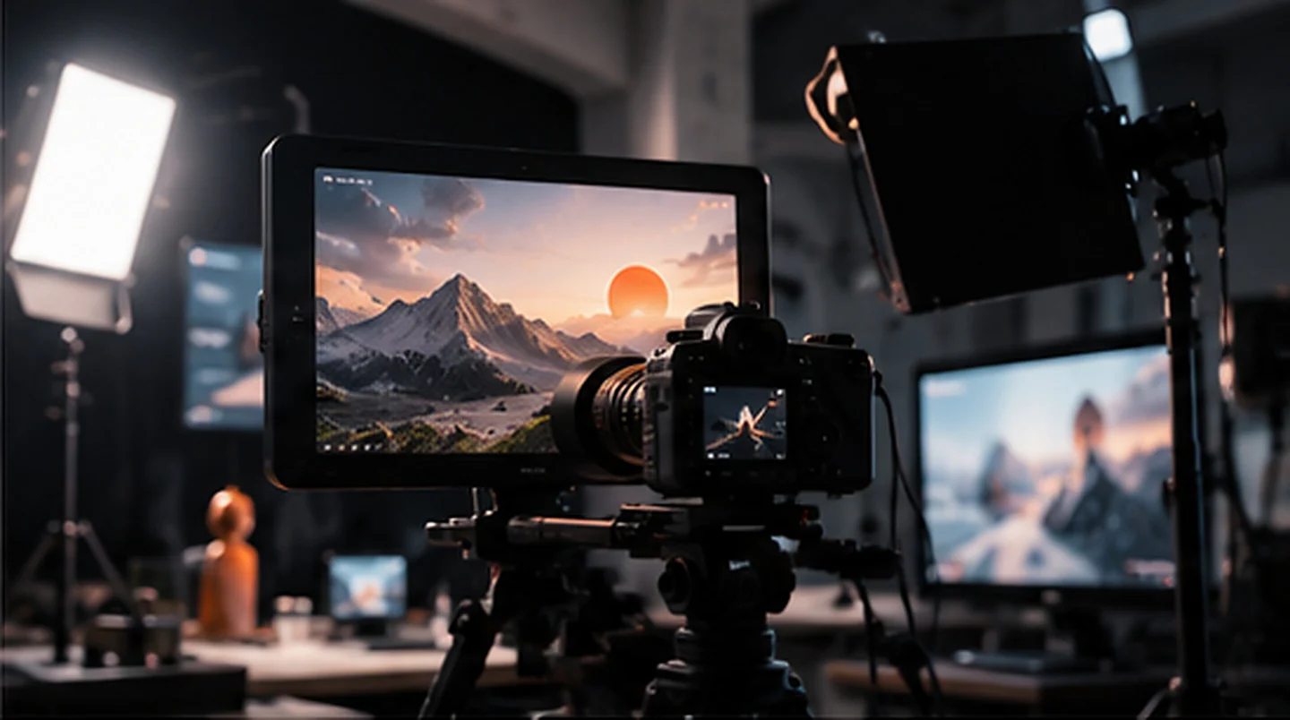 A cinema camera on a rig, its screen showing a mountain at sunrise, under studio lights.