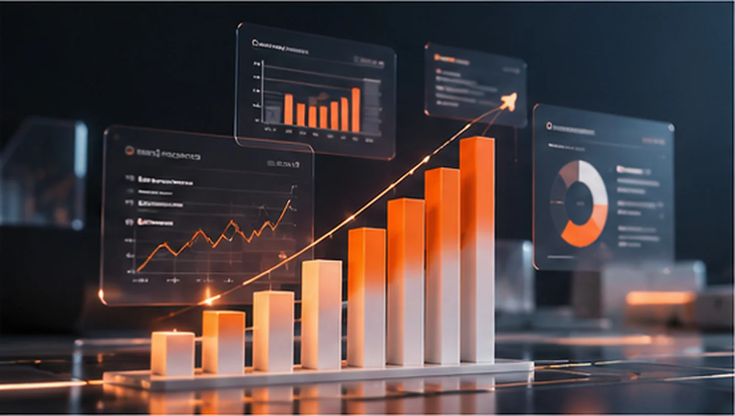 A bar chart rising left to right in white and orange, with dashboards floating behind it.
