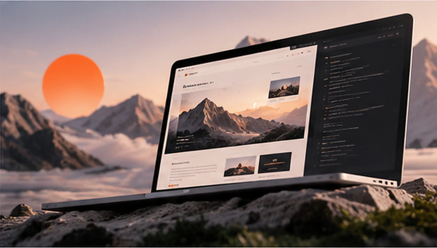 A laptop open on a mountain ridge, a website on its screen, an orange sun behind the peaks.